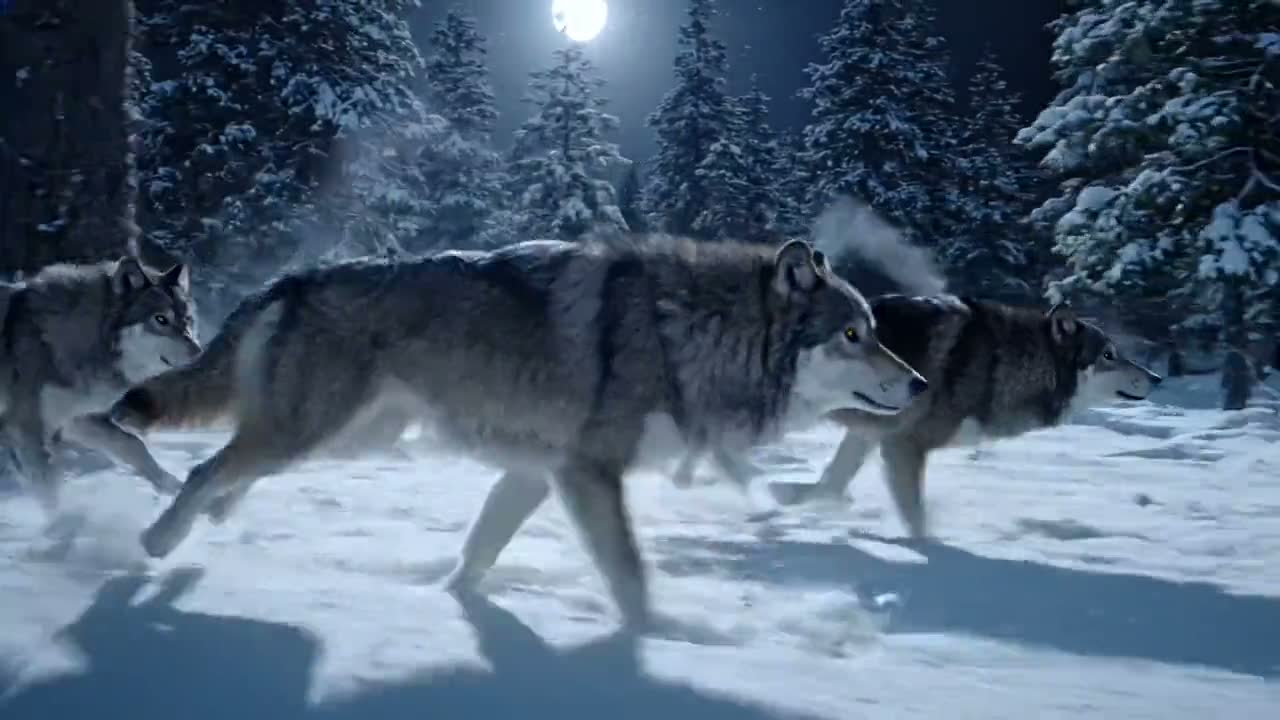 Matilha de lobos correndo na neve